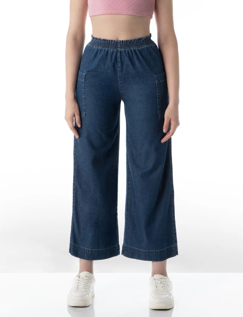 inkd Inkwell Indigo Women's Wide Leg Jeans - High-Rise | 100% Cotton| Enzyme Wash | Elasticated Waistband | Jeans for Women for Women | Best Price UAE